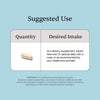 A light blue informational graphic with the heading 'Suggested Use' and a table showing quantity and desired intake. The table includes a small capsule illustration and text stating adults take one capsule daily with a meal or as recommended by a healthcare provider.