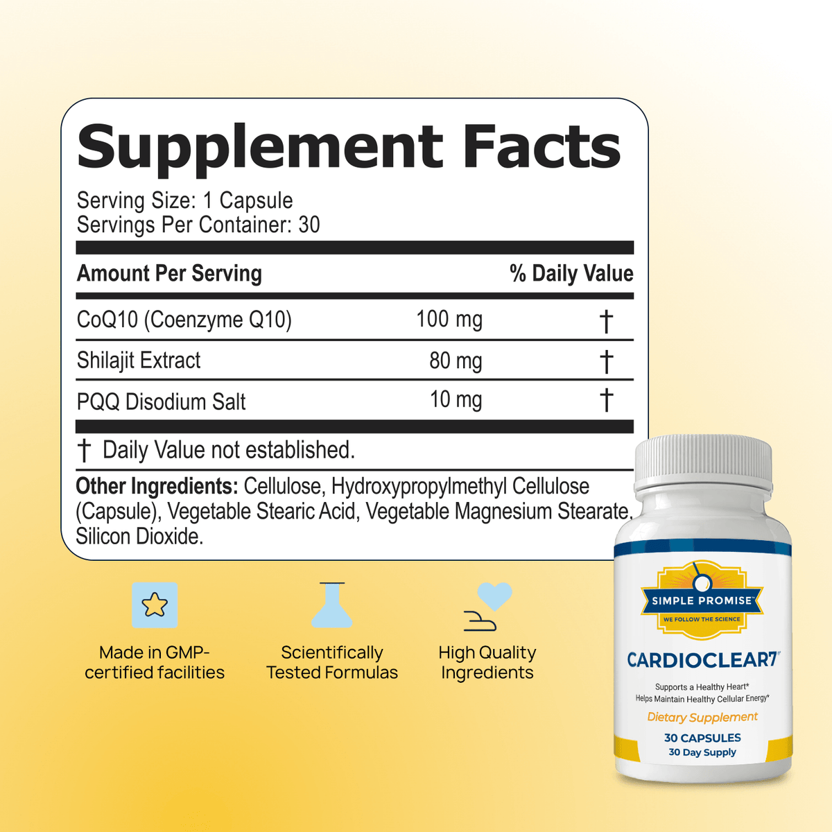 CardioClear7 supplement facts - CoQ10 100mg, Shilajit Extract 80mg, PQQ 10mg.